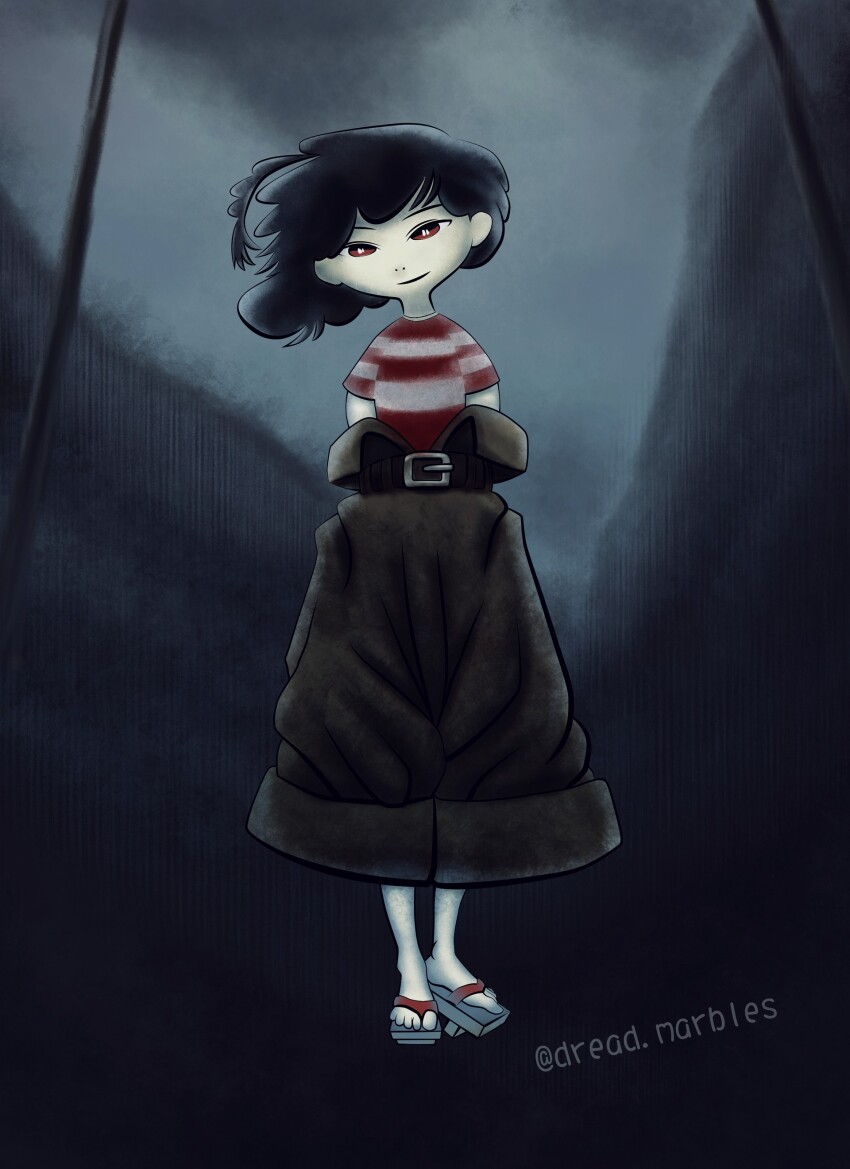 absurdres, arms_behind_back, baggy_pants, belt, belt_buckle, black_hair, buckle, child, dark_background, highres, meikyuu_monogatari, pale_skin, pants, red_eyes, sandals, shirt, shojo_sachi, smile, striped_clothes, striped_shirt