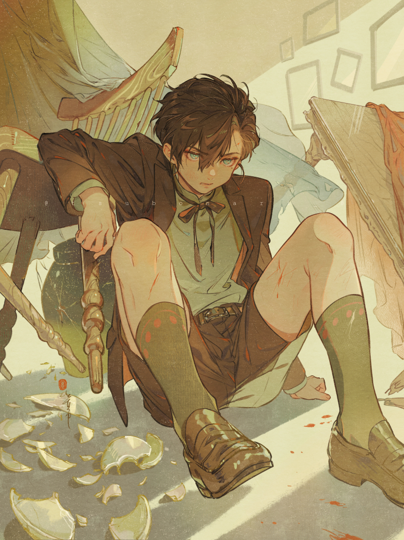 1boy, annoyed, artist_name, belt, black_jacket, black_shorts, blood, blood_on_ground, broken_plate, brown_belt, brown_footwear, brown_hair, chair, curtains, drawing_(object), fingernails, floor, green_eyes, green_shirt, hair_between_eyes, indoors, injury, jacket, looking_at_viewer, male_focus, mole, mole_under_eye, original, plate, shadow, shirt, short_hair, shorts, sitting, solo, table, tsubonari, wall