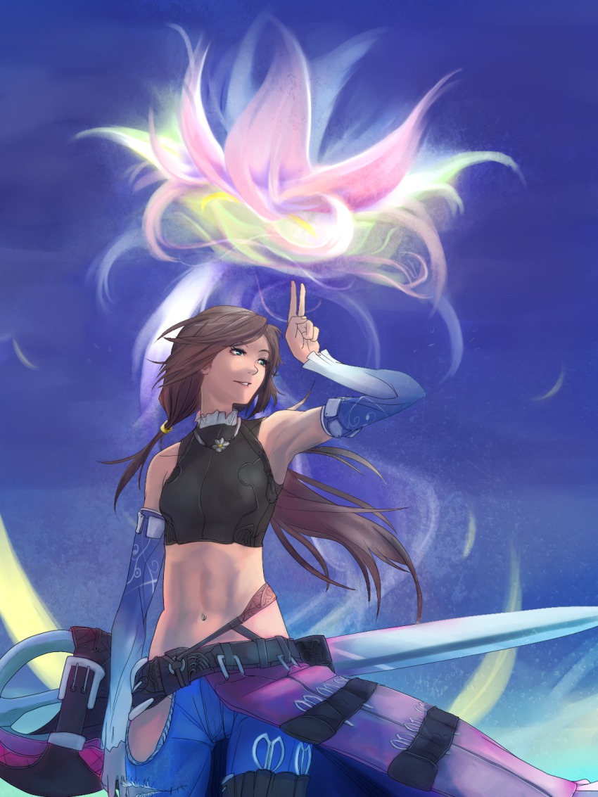 1girl, armpits, bad_id, bad_pixiv_id, bare_shoulders, belt, brown_hair, day, denim, female_focus, flower, green_eyes, highres, jeans, jewelry, long_hair, midriff, naji_yanagida, navel, necklace, original, pants, ponytail, scissors, sky, solo, sword, v, weapon