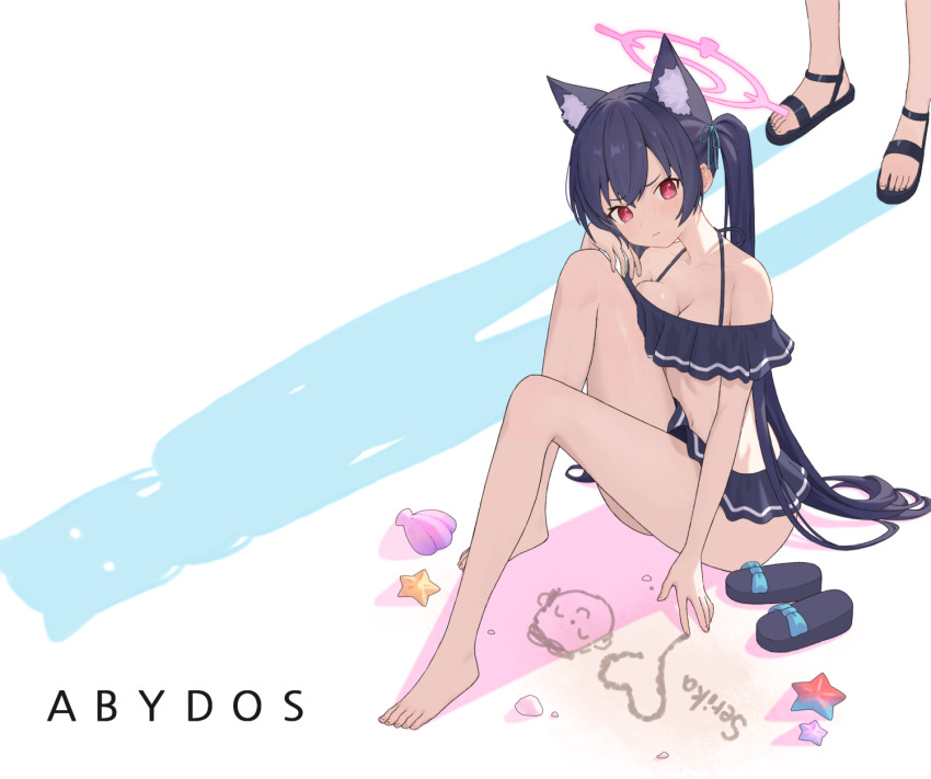2girls, animal_ear_fluff, animal_ears, ass, barefoot, bikini, black_bikini, black_hair