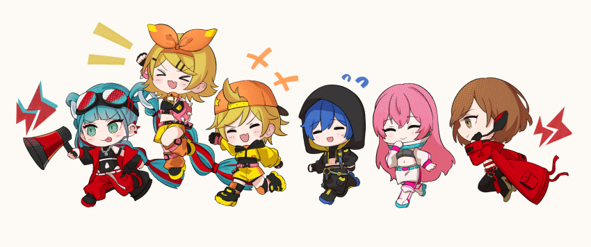 >_<, 2boys, 4girls, absurdres, ahoge, aqua_eyes, aqua_hair, baseball_cap