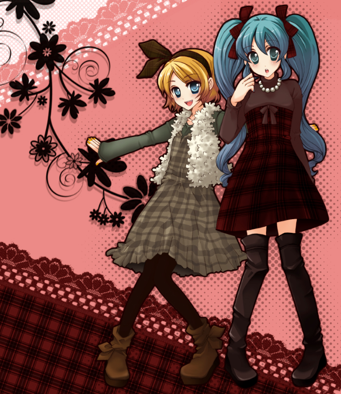 2girls, alternate_costume, aqua_eyes, aqua_hair, blonde_hair, blue_eyes, blue_nails, blush