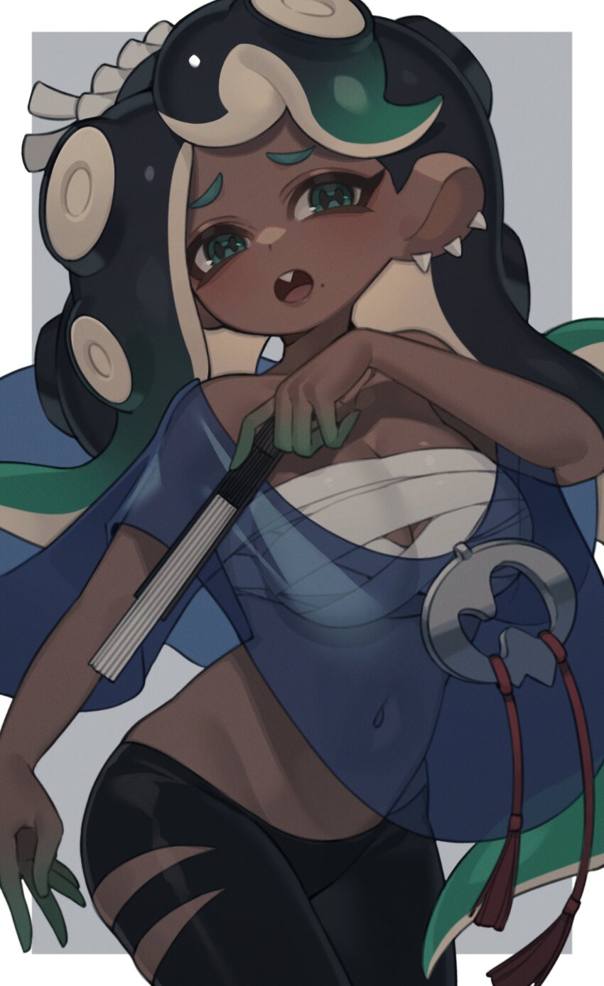 1girl, absurdres, black_pants, blue_shawl, breasts, cephalopod_eyes, chest_sarashi, colored_skin, cosplay, dark-skinned_female, dark_skin, folded_fan, folding_fan, green_eyes, hand_fan, highres, lowleg, lowleg_pants, marina_(splatoon), medium_breasts, mole, mole_under_mouth, multicolored_skin, nintendo, octoling, octoling_player_character, pants, poncho, prat_rat, sarashi, see-through_clothes, shawl, shiver_(deep_cut_outfit)_(splatoon), shiver_(splatoon), shiver_(splatoon)_(cosplay), simple_background, splatoon_(series), splatoon_2, splatoon_3, suction_cups, tentacle_hair, torn_clothes, torn_pants, very_dark_skin