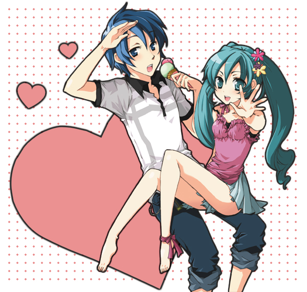 1boy, 1girl, alternate_costume, aqua_eyes, aqua_hair, barefoot, blue_eyes, blue_hair, bow, casual, couple, food, hair_ornament, hatsune_miku, heart, hetero, ice_cream, kaito_(vocaloid), long_hair, mugomumu, open_mouth, ribbon, salute, short_hair, skirt, smile, twintails, vocaloid