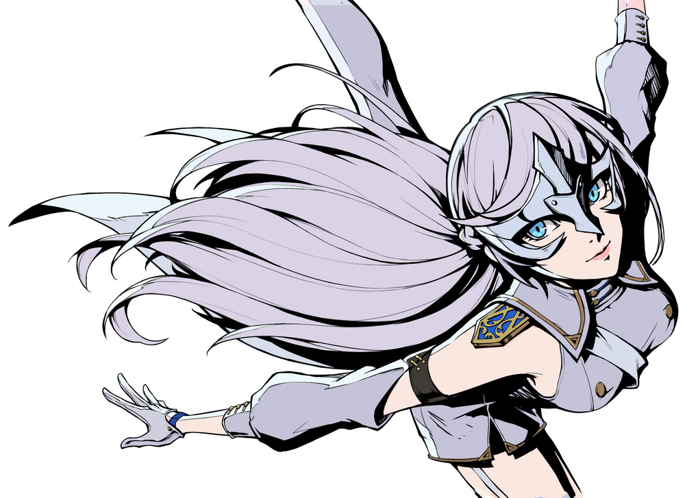 1girl, artist_request, bare_shoulders, blue_eyes, breasts, closed_mouth, detached_sleeves, elbow_gloves