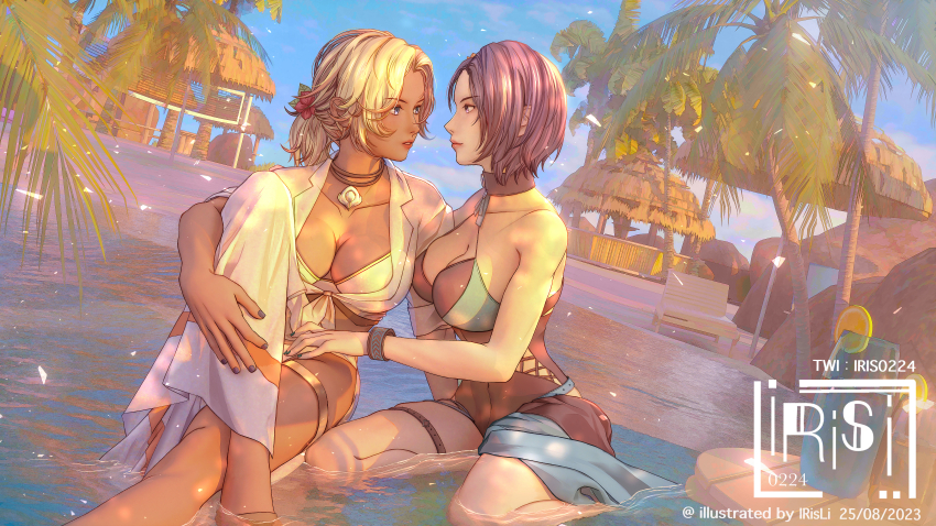 2girls, absurdres, beach, bikini, black_one-piece_swimsuit, blonde_hair, blue_nails, bracelet