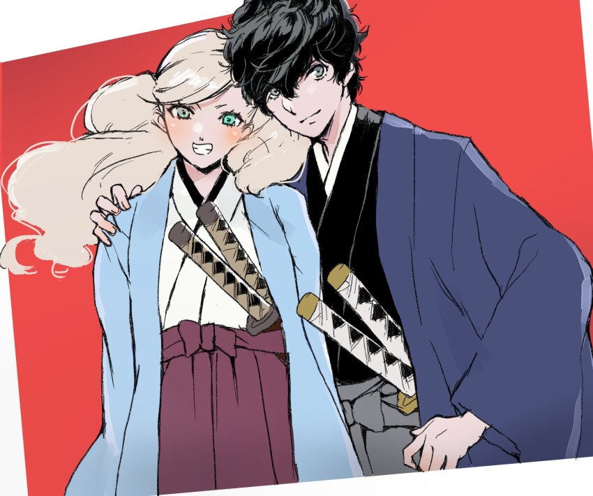 1boy, 1girl, amamiya_ren, black_hair, black_kimono, blue_eyes, closed_mouth, commentary_request