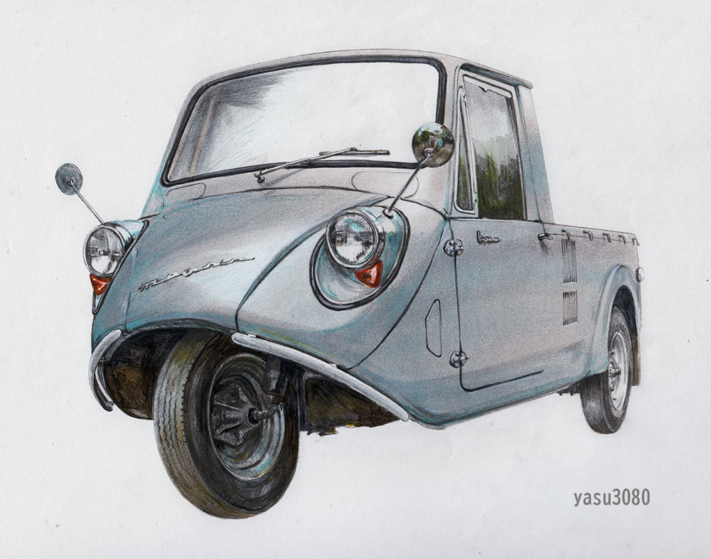 artist_name, autocycle, car, colored_pencil_(medium), mazda, mazda_k360, motor_vehicle, no_humans, original, painting_(medium), pickup_truck, simple_background, three-wheeler, traditional_media, truck, twitter_username, vehicle_focus, white_background, yasuyuki3080