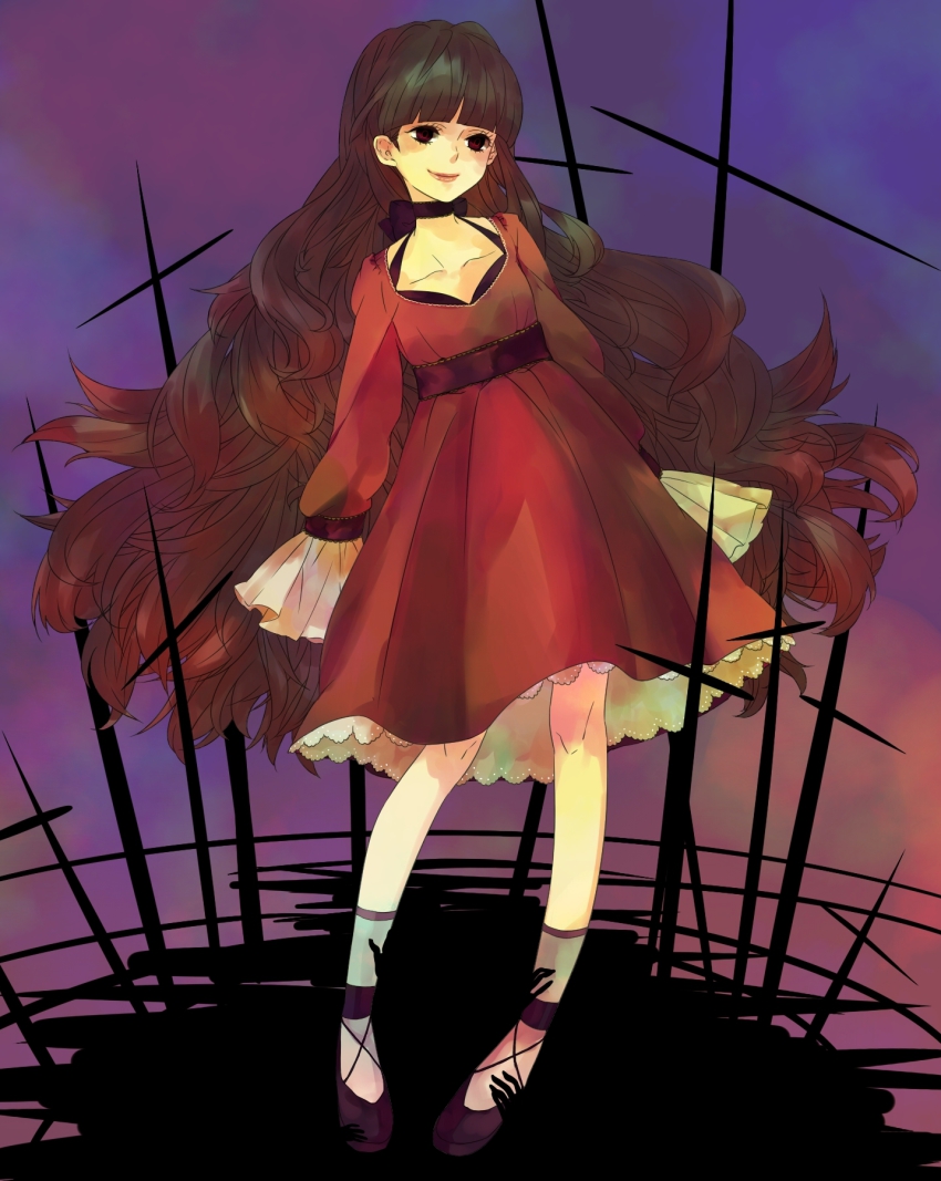 1girl, bad_id, bad_pixiv_id, black_eyes, choker, cross, dress, female_focus