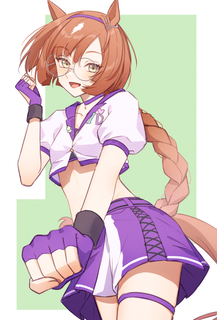 1girl, absurdres, animal_ears, braid, brown_hair, collarbone, crop_top, fingerless_gloves, glasses, gloves, hairband, highres, horse_ears, horse_girl, horse_tail, ikuno_dictus_(arrived_scenery)_(umamusume), ikuno_dictus_(umamusume), isana615, looking_at_viewer, midriff, puffy_sleeves, purple_gloves, round_eyewear, shorts, solo, tail, thigh_strap, umamusume, yellow_eyes