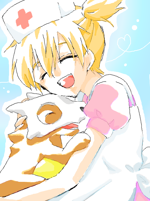 1girl, asymmetrical_hair, bare_legs, closed_eyes, cosplay, cubone, female_focus, gen_1_pokemon