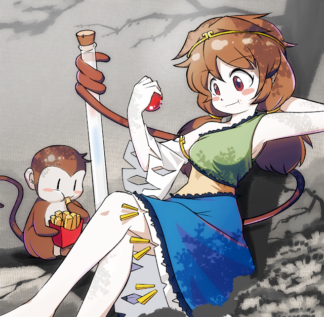 1girl, apple, arm_behind_head, arm_up, bare_shoulders, blush, breasts, brown_hair