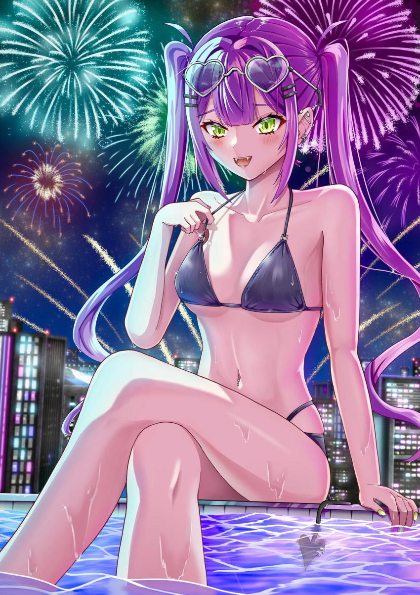 1girl, aerial_fireworks, bikini, black_bikini, blush, breasts, cityscape, crossed_legs