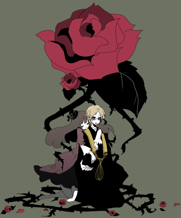 1boy, 1girl, ame_(96berd), bad_id, bad_pixiv_id, closed_eyes, flower, glasses, hat, hetero, hug, hug_from_behind, kirishiki_sunako, long_hair, muroi_seishin, petals, red_flower, red_rose, rose, shiki_(novel), thorns