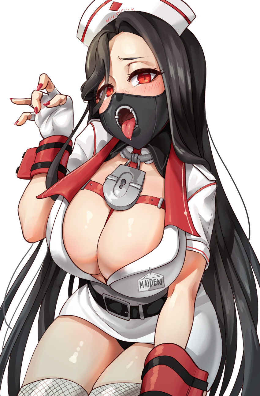 1girl, ajidot, belt, black_belt, black_hair, black_mask, blush, breasts