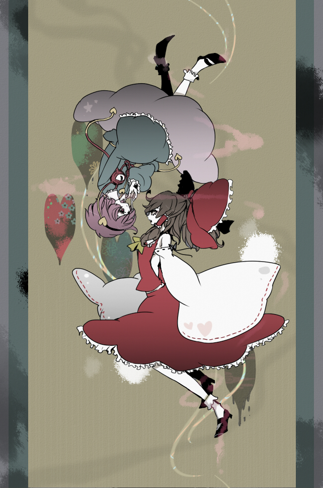 2girls, ame_(96berd), bad_id, bad_pixiv_id, bow, brown_hair, detached_sleeves, dress