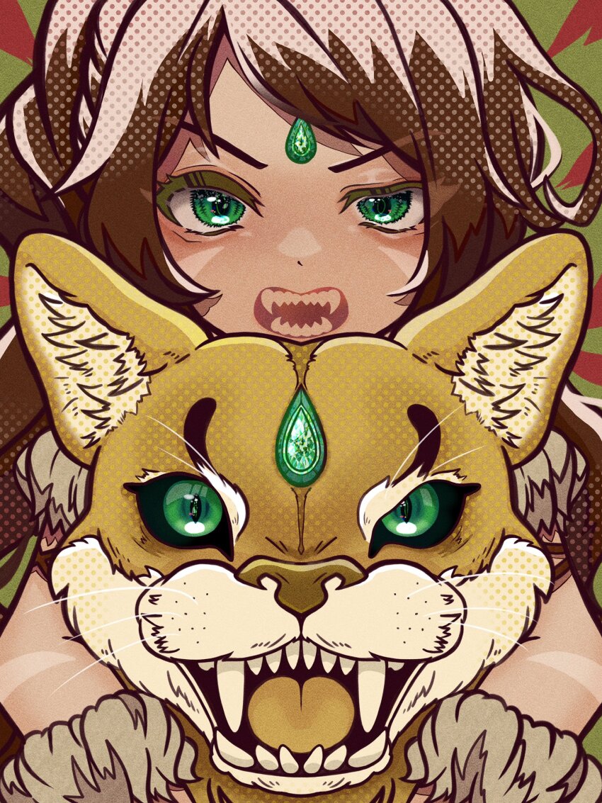 1girl, amazon_warrior, brown_hair, facial_mark, fangs, forehead_jewel, green_eyes, hair_between_eyes, highres, kawaguti_kappa, league_of_legends, lion, lion_girl, long_hair, looking_at_viewer, nidalee, open_mouth, sharp_teeth, simple_background, solo, teeth, upper_body, whisker_markings, whiskers
