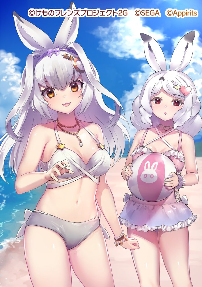 2girls, :3, animal_ears, arctic_hare_(kemono_friends), ball, bare_arms, bare_shoulders, beach
