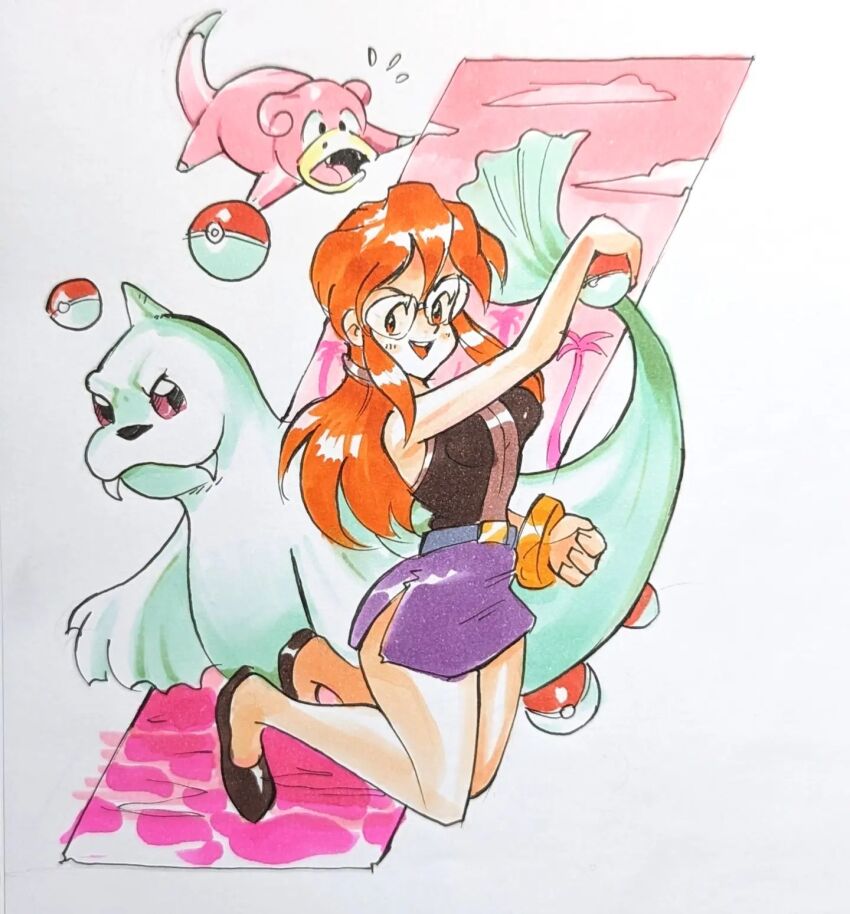 1girl, albertov, bare_shoulders, breasts, dewgong, gen_1_pokemon, glasses, highres