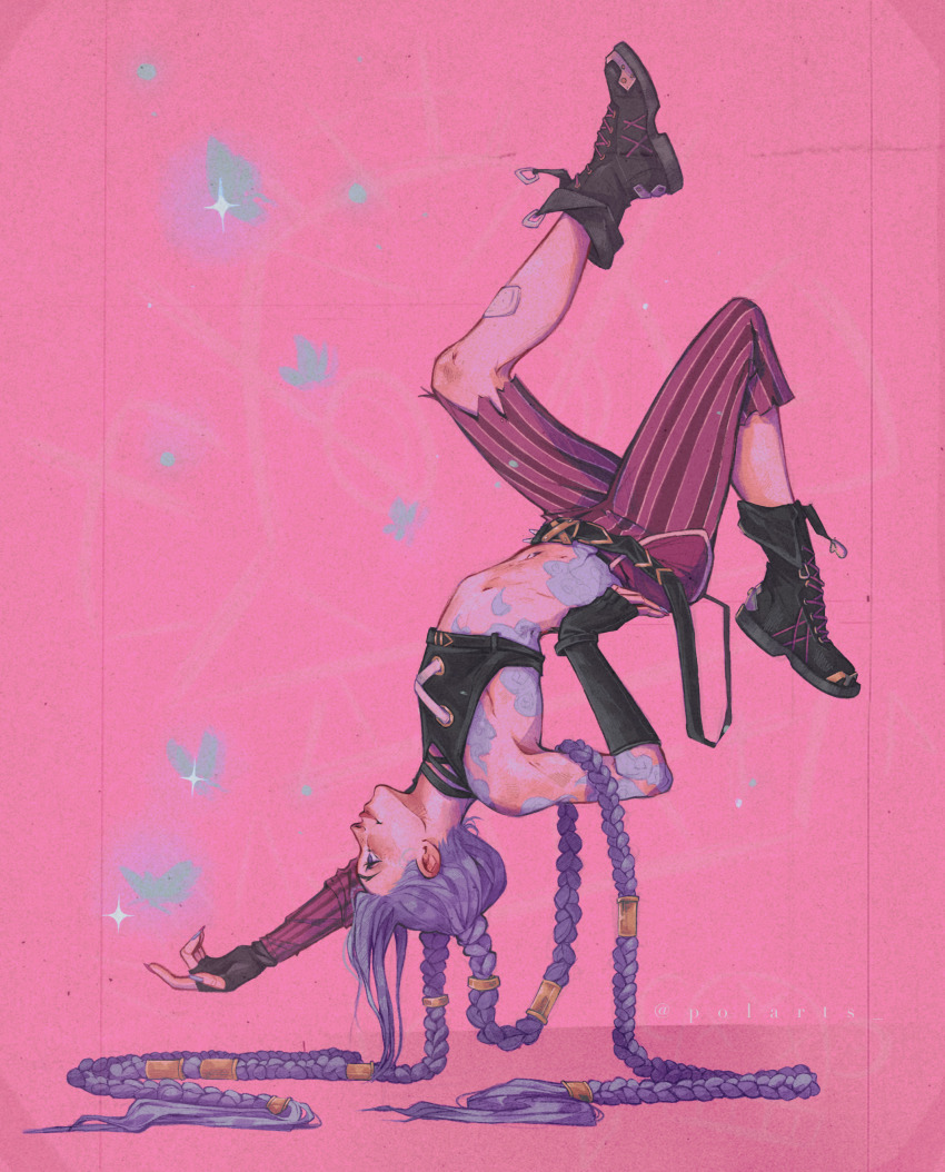 1girl, absurdres, arcane:_league_of_legends, arm_tattoo, artist_name, black_footwear, black_gloves, black_shirt, blue_butterfly, blue_hair, blue_nails, braid, bug, butterfly, elbow_gloves, fingerless_gloves, gloves, highres, insect, jinx_(league_of_legends), league_of_legends, long_hair, navel, pants, pink_background, polartss, shirt, sleeveless, sleeveless_shirt, smile, sparkle, stomach_tattoo, striped_clothes, striped_pants, tattoo, torn_clothes, twin_braids, upside-down, very_long_hair