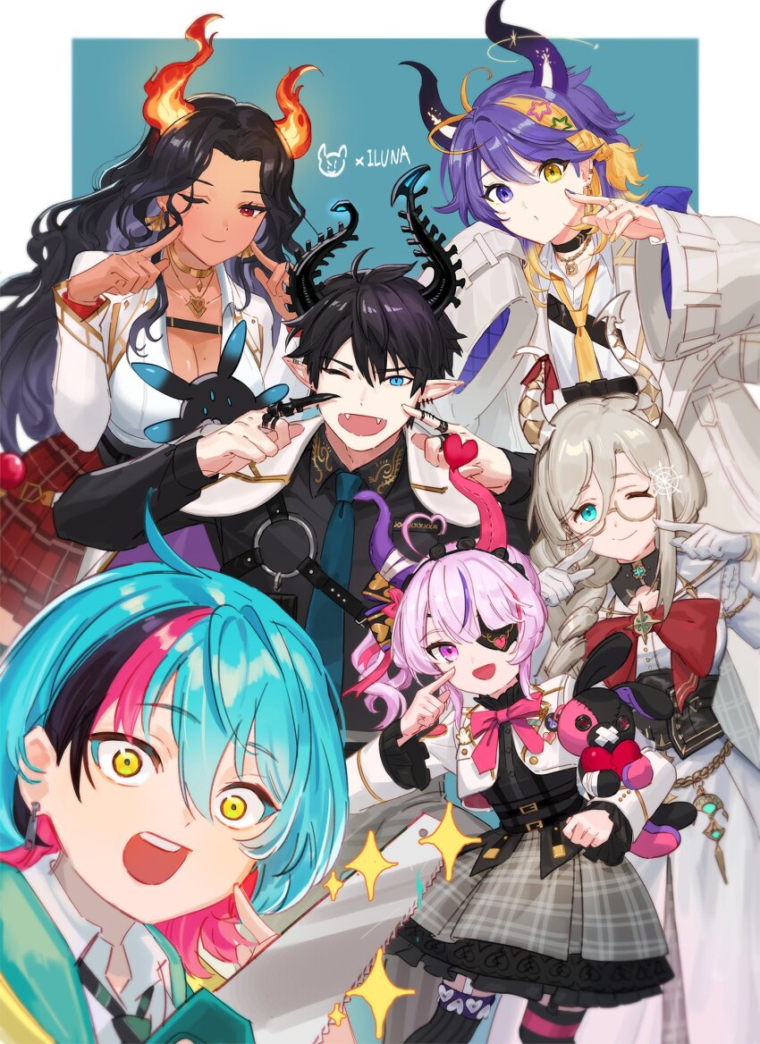 3boys, 3girls, aia_amare, aia_amare_(1st_costume), aqua_eyes, aster_arcadia, aster_arcadia_(1st_costume), black_hair, blonde_hair, blue_hair, braid, breasts, cleavage, dark-skinned_female, dark_skin, dress, eyepatch, gloves, hand_saw, heterochromia, highres, horns, iluna_(nijisanji), jacket, kyo_kaneko, large_breasts, long_hair, maria_marionette, maria_marionette_(1st_costume), medium_hair, multicolored_hair, multiple_boys, multiple_girls, nail_polish, necktie, nijisanji, nijisanji_en, one_eye_closed, open_clothes, open_jacket, pink_eyes, pink_hair, pointy_ears, purple_eyes, purple_hair, ragi_23, red_eyes, ren_zotto, ren_zotto_(1st_costume), round_eyewear, saw, scarle_yonaguni, scarle_yonaguni_(1st_costume), side_ponytail, single_braid, smile, streaked_hair, virtual_youtuber, white_dress, white_gloves, white_jacket, yellow_eyes, yellow_necktie