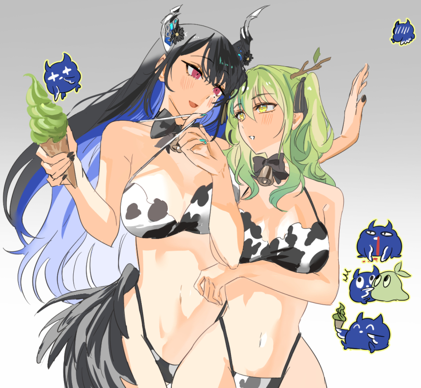 2girls, alternate_costume, animal_print, antlers, asymmetrical_horns, bare_shoulders, bikini, black_hair, blue_hair, breasts, ceres_fauna, colored_inner_hair, cow_print, cow_print_bikini, demon_horns, fauna, flower, green_hair, hair_flower, hair_ornament, height_difference, hololive, hololive_english, horns, jailbird_(nerissa_ravencroft), large_breasts, long_hair, mole, mole_under_eye, multicolored_hair, multiple_girls, nerissa_ravencroft, print_bikini, red_eyes, set7, smile, swimsuit, two-tone_hair, uneven_horns, virtual_youtuber, wide_hips, yellow_eyes