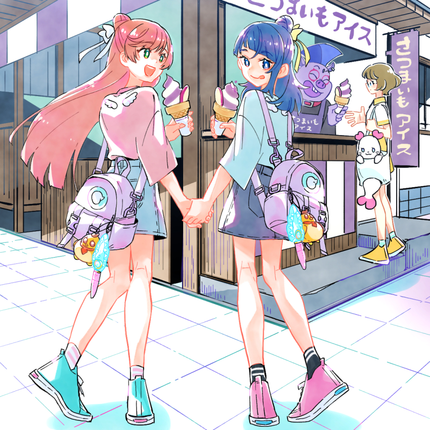 1boy, 3girls, :p, alternate_hairstyle, animal_charm, apron, backpack, bag