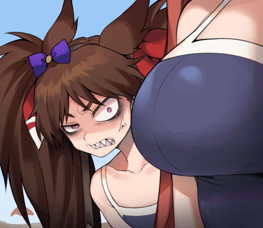 2girls, anger_vein, angry, animal_ears, bow, breast_envy, bright_pupils, brown_hair, clenched_teeth, collarbone, commentary, competition_school_swimsuit, daiwa_scarlet_(umamusume), dream_journey_(racehorse), ear_bow, eyebrows_hidden_by_hair, fukuro_(maruaru00), furrowed_brow, genderswap, genderswap_(mtf), height_difference, highres, horse_ears, horse_girl, long_hair, multiple_girls, original, personification, purple_bow, purple_eyes, school_swimsuit, sharp_teeth, sideways, swimsuit, teeth, twintails, umamusume, veins