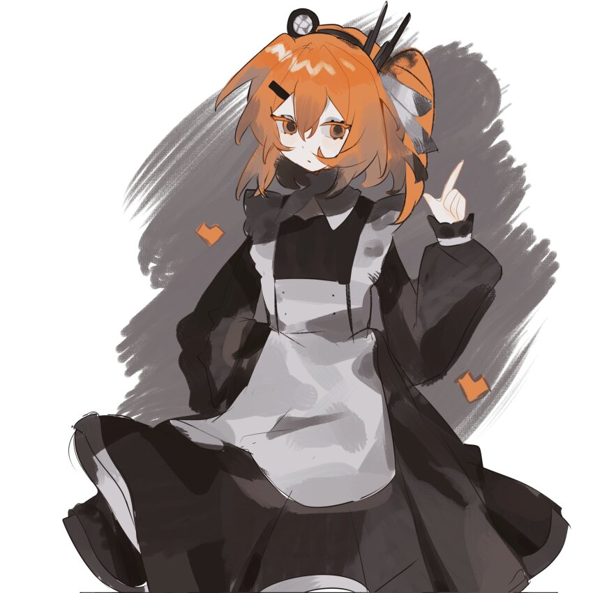 1girl, a.i._voice, adachi_rei, apron, black_dress, black_hairband, dress, hairband, hand_up, headlamp, heart, highres, index_finger_raised, long_sleeves, looking_at_viewer, medium_hair, orange_eyes, orange_hair, pokatan, puffy_long_sleeves, puffy_sleeves, radio_antenna, side_ponytail, simple_background, solo, utau, white_apron, white_background