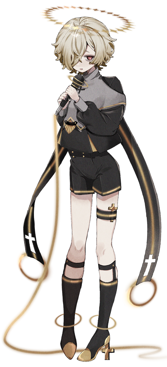 1boy, anklet, antenna_hair, bad_link, bags_under_eyes, black_jacket, black_nails, black_romper, blonde_hair, boots, cable, cross, hair_over_one_eye, halo, high_heel_boots, high_heels, highres, holding, holding_microphone, jacket, jewelry, kazehiki_(utau), knee_boots, kuru2suuzi, latin_cross, legwear_garter, long_sleeves, looking_at_viewer, male_focus, microphone, official_art, parted_lips, pigeon-toed, puffy_long_sleeves, puffy_sleeves, raised_eyebrows, red_eyes, romper, second-party_source, short_hair, shorts, sleeve_cuffs, solo, standing, tachi-e, thigh_strap, transparent_background, two-handed, utau, vocaloid