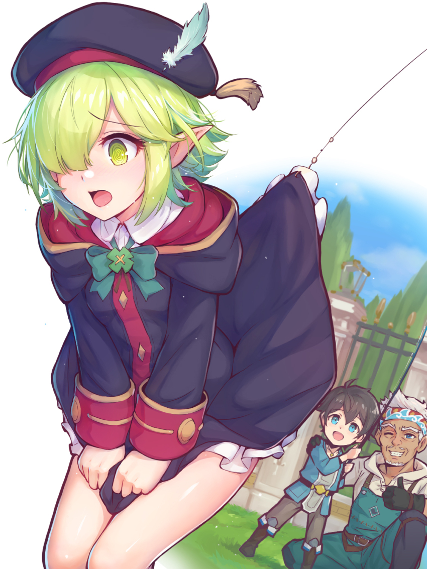 1girl, 2boys, aoi_(princess_connect!), aoi_(transfer_student)_(princess_connect!), assisted_exposure, black_dress, black_gloves, black_headwear, blonde_hair, blue_eyes, blue_feathers, bow, bowtie, brown_hair, character_request, clothes_lift, coba_(coba_xp), collared_shirt, dress, dress_lift, dress_shirt, dress_tug, elf, feathers, gloves, green_bow, green_bowtie, green_eyes, green_hair, green_overalls, grin, hair_over_one_eye, hand_on_another's_shoulder, hat, hat_feather, highres, lifting_another's_clothes, multiple_boys, one_eye_closed, open_mouth, overalls, pointy_ears, princess_connect!, shirt, short_hair, smile, standing, thumbs_up, white_hair, white_shirt, wing_collar, yuuki_(princess_connect!)