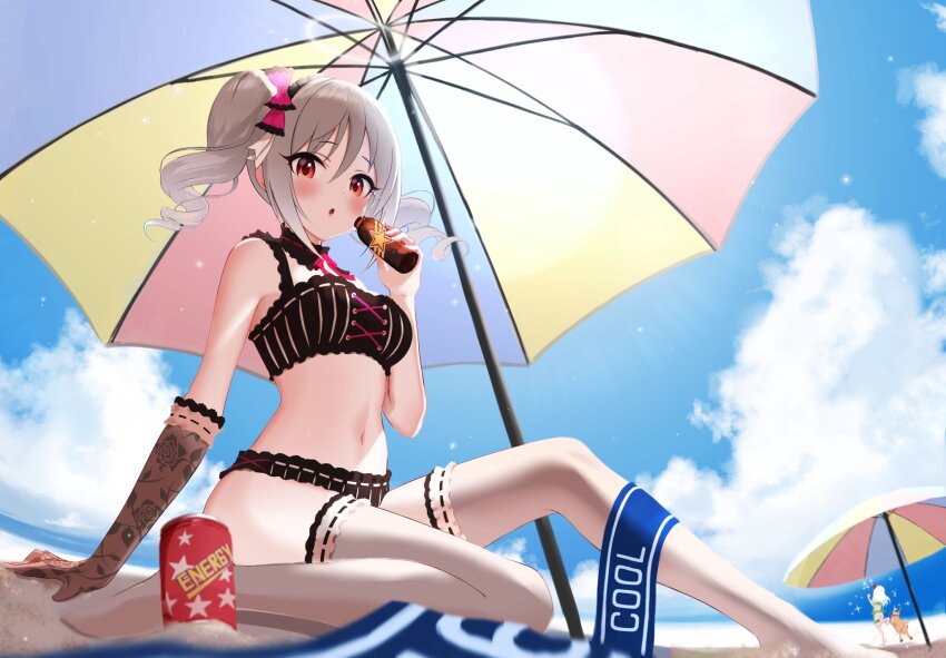 1girl, ass, beach_umbrella, bikini, blitzen, blush, bottle, breasts