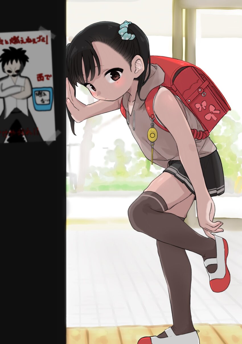 1girl, adjusting_footwear, against_wall, arm_support, asymmetrical_bangs, backpack, bag, black_hair, black_skirt, blush, brown_hair, brown_thighhighs, collarbone, commentary, comog, crime_prevention_buzzer, day, entrance, from_side, getabako, grey_hoodie, hair_ornament, hair_scrunchie, highres, hood, hood_down, hoodie, indoors, leaning_forward, looking_at_viewer, looking_to_the_side, open_door, original, overexposure, pleated_skirt, poster_(object), randoseru, red_bag, school, scrunchie, shoes, skindentation, skirt, sleeveless, sleeveless_hoodie, solo, standing, standing_on_one_leg, thighhighs, thighs, translation_request, twintails, uwabaki, zettai_ryouiki