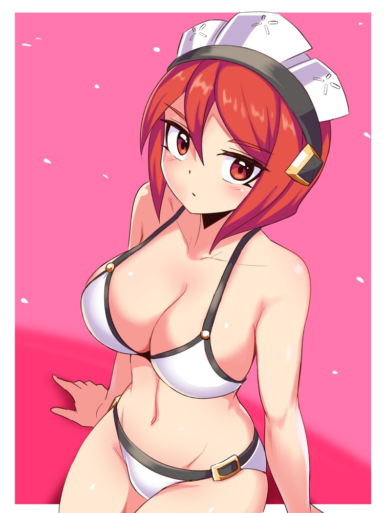 1girl, azure_striker_gunvolt, azure_striker_gunvolt_2, beach, bikini, bob_cut, breasts, cleavage