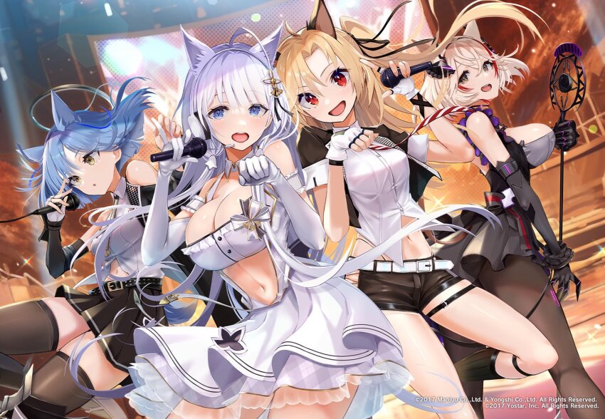 4girls, animal_ears, azur_lane, black_shorts, black_skirt, blonde_hair, blue_eyes, blue_hair