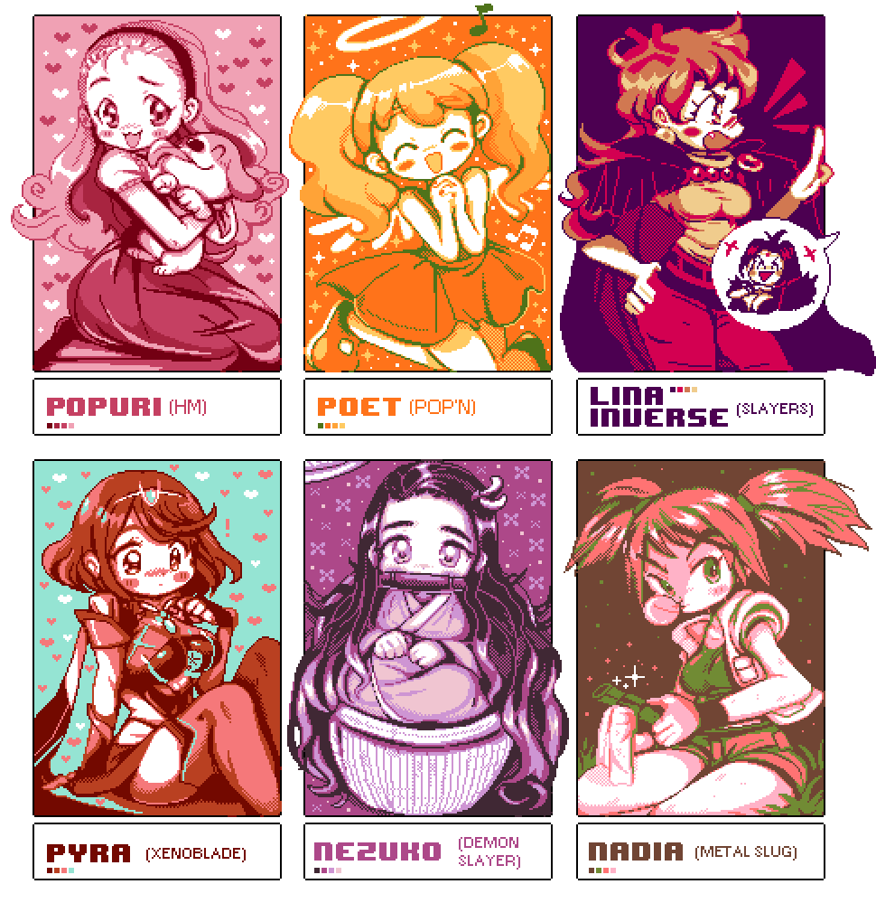 !, 6+girls, :3, ^_^, angel, angel_wings, animal, basket, bemani, bit_gag, blowing_bubble_gum, blowing_bubbles, blush, blush_stickers, bokujou_monogatari, bokujou_monogatari:_mineral_town_no_nakama_tachi, boots, cape, character_name, chest_jewel, chewing_gum, christy_frisby, cleaning_gun, closed_eyes, commentary, crop_top, dithering, dog, dress, earrings, english_commentary, fang, fingerless_gloves, gag, gloves, grass, gun, hair_ribbon, halo, hand_on_own_hip, headband, heart, holding, holding_animal, holding_gun, holding_weapon, in_basket, in_container, japanese_clothes, jewelry, kamado_nezuko, kimetsu_no_yaiba, kimono, kneeling, licking, licking_another's_face, limited_palette, lina_inverse, long_hair, looking_at_viewer, looking_to_the_side, mary_janes, metal_slug, multicolored_hair, multiple_drawing_challenge, multiple_girls, musical_note, nadia_cassel, naga_the_serpent, nail_polish, necklace, ojou-sama_pose, on_ground, open_mouth, own_hands_clasped, own_hands_together, pixel_art, poet_(pop'n_music), pop'n_music, popuri_(bokujou_monogatari), puffy_short_sleeves, puffy_sleeves, pyra_(xenoblade), ribbon, shoes, short_hair, short_shorts, short_sleeves, shorts, sitting, six_fanarts_challenge, slayers, sleeveless, sleeveless_jacket, smile, sparkle, speech_bubble, swept_bangs, thigh_boots, tiara, twintails, very_long_hair, weapon, wings, xenoblade_chronicles_(series), xenoblade_chronicles_2