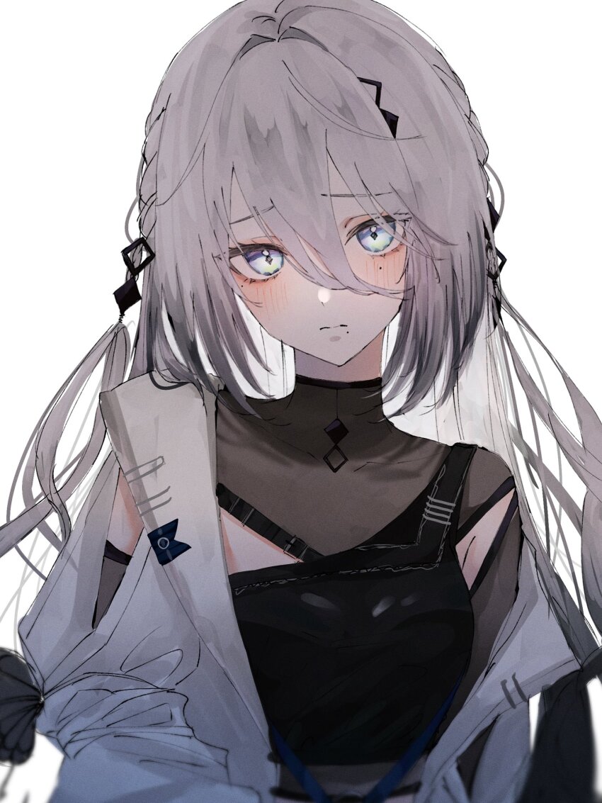 1girl, blue_eyes, blush, gradient_hair, grey_hair, hair_between_eyes, highres, jacket