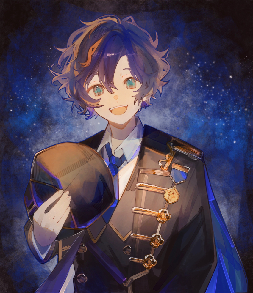1boy, absurdres, astel_leda, blonde_hair, blue_capelet, blue_necktie, capelet, galaxy