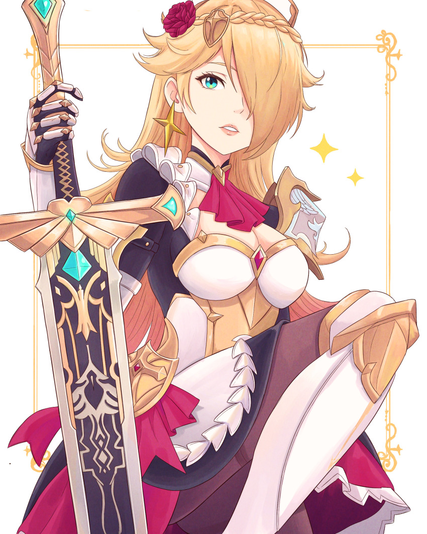 1girl, absurdres, armor, ascot, black_dress, braid, breastplate, breasts, cleavage, commentary, cosplay, dress, english_commentary, flower, genshin_impact, greaves, hair_flower, hair_ornament, highres, holding, holding_sword, holding_weapon, laura_faye_smith, looking_at_viewer, mario_(series), medium_breasts, nintendo, noelle_(genshin_impact), noelle_(genshin_impact)_(cosplay), parted_lips, pink_lips, red_ascot, red_flower, red_rose, rosalina, rose, solo, super_mario_galaxy, sword, truejekart, voice_actor_connection, weapon, white_background