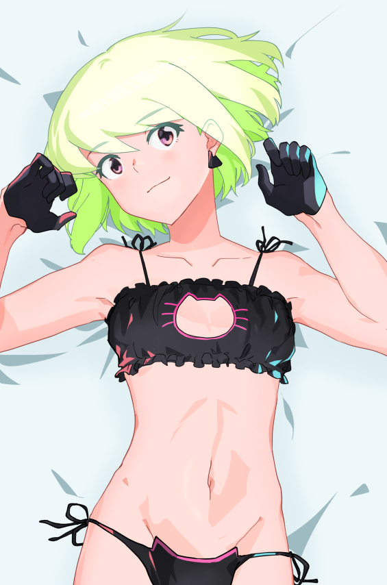 1boy, alternate_costume, black_bra, black_panties, bra, breasts, cat_cutout, cat_ear_panties, cat_lingerie, cleavage_cutout, clothing_cutout, collarbone, crossdressing, crossdressing_(mtf), earrings, frilled_bra, frills, gloves, green_hair, half_gloves, jewelry, light_smile, lio_fotia, lying, male_focus, multicolored_hair, ns1123, on_back, on_bed, panties, paw_pose, promare, purple_eyes, short_hair, side-tie_panties, small_breasts, solo, trap, triangle_earrings, underwear