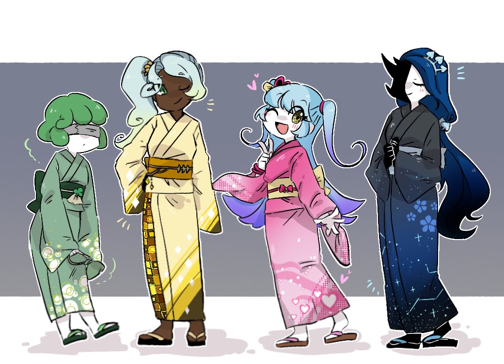 4girls, black_kimono, blue_hair, closed_eyes, closed_mouth, crown, dark-skinned_female, dark_skin, gloves, gradient_clothes, gradient_kimono, green_gloves, green_hair, green_kimono, green_sash, japanese_clothes, kimono, king_of_greed, knight_of_despair, lobotomy_corporation, long_hair, long_sleeves, looking_at_viewer, low-tied_long_hair, multiple_girls, obi, one_eye_closed, open_mouth, pink_kimono, project_moon, queen_of_hatred, sandals, sash, servant_of_wrath, side_ponytail, smile, two_side_up, very_long_hair, wakame_031412, white_hair, wide_sleeves, wonderlab, yellow_kimono, yellow_sash, zouri