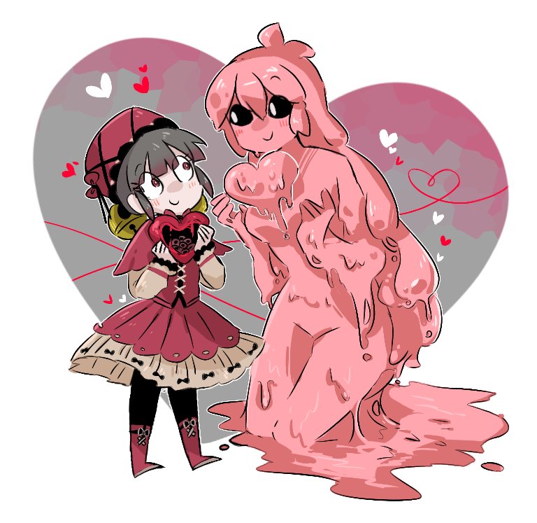 2girls, black_pantyhose, black_sclera, blush, boots, brown_hair, capelet, closed_mouth, colored_sclera, dress, flower, heart, laetitia_(project_moon), lobotomy_corporation, long_hair, melting_love, monster_girl, multiple_girls, pantyhose, pink_capelet, pink_dress, pink_eyes, pink_flower, pink_hair, pink_headwear, project_moon, slime_(substance), slime_girl, very_long_hair, wakame_031412, white_eyes