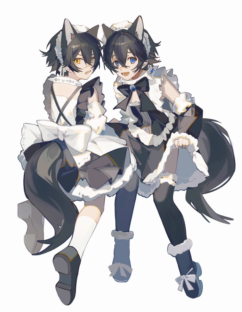2boys, absurdres, black_footwear, black_hair, black_ribbon, black_thighhighs, blue_eyes, blush, clothes_lift, collar, crossdressing, crossdressing_(mtf), detached_sleeves, dress, dress_lift, embarrassed, extra_ears, facing_viewer, frilled_dress, frilled_sleeves, frills, from_behind, full_body, garu_(nu_carnival), hair_between_eyes, highres, karu_(nu_carnival), looking_at_viewer, maid, maid_headdress, male_focus, male_maid, multiple_boys, nu_carnival, open_mouth, ribbon, scar, scar_on_face, short_hair, spiked_collar, spikes, tail, teeth, thighhighs, white_background, yellow_eyes, yuumii_0120