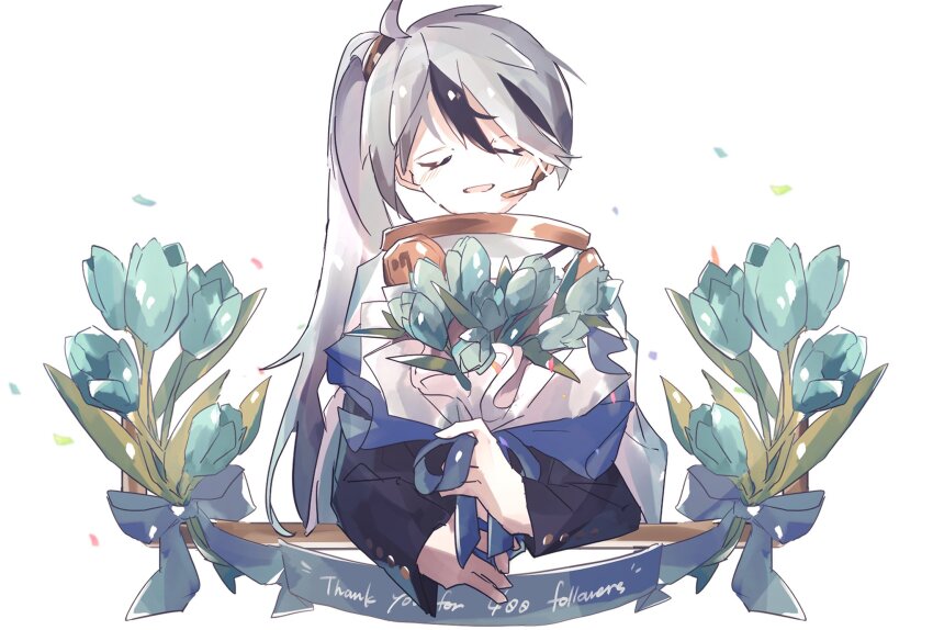 1boy, ahoge, banner, black_jacket, blue_bow, blue_flower, blue_tulip, bouquet