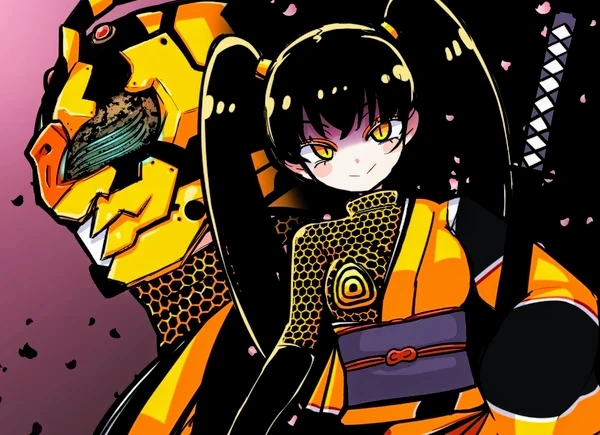 1girl, arthropod_girl, bee_girl, black_hair, blush, clothes, hachi-aug, helmet, hexagon_print, hiromi_(shin_kamen_rider), insect_girl, japanese_clothes, kamen_rider, kimono, long_hair, looking_at_viewer, multiple_views, muramo, purple_background, shin_kamen_rider, smile, tokusatsu, twintails, yellow_eyes