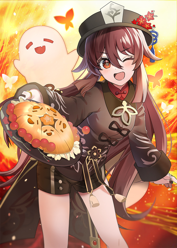 1girl, ;d, bare_legs, black_hat, black_nails, black_shorts, blush, boo_tao_(genshin_impact), brown_coat, brown_hair, coat, coattails, feet_out_of_frame, flower, flower-shaped_pupils, food, genshin_impact, ghost, ghostly_march_(genshin_impact), hair_between_eyes, hat, hat_flower, hat_tassel, holding, holding_plate, hu_tao_(genshin_impact), long_hair, long_sleeves, looking_at_viewer, one_eye_closed, open_mouth, orange_background, orange_eyes, plate, shorts, smile, solo, symbol-shaped_pupils, tailcoat, twintails, umekottsu