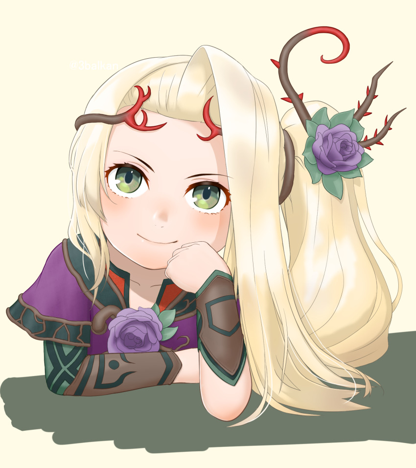 1girl, 3balkan, arm_support, blonde_hair, collarbone, commentary_request, flower, green_eyes, hair_flower, hair_ornament, highres, kid_icarus, kid_icarus_uprising, looking_at_viewer, nintendo, ponytail, purple_flower, smile, solo, twitter_username, upper_body, viridi, yellow_background