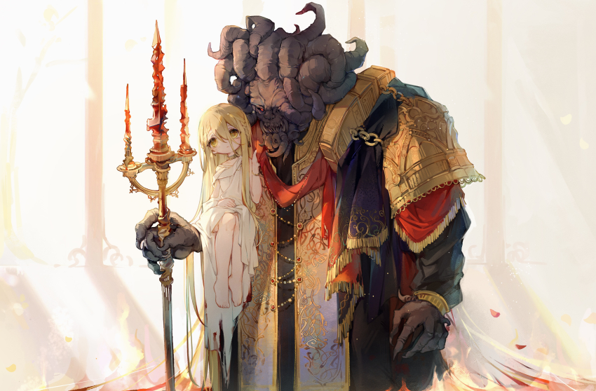 2boys, absurdres, armor, black_claws, black_horns, black_robe, black_skin, blonde_hair