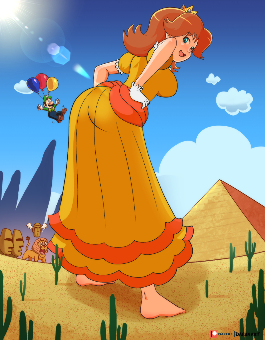 1boy, 1girl, accidental_pervert, ass, balloon, barefoot, batadon, bent_over, blue_eyes, blue_sky, blush, breasts, brown_hair, crown, dakunart, desert, dress, giant, giantess, gloves, grin, hand_on_own_hip, hat, highres, king_totomesu, large_breasts, laughing, looking_at_another, luigi, mario_(series), nintendo, open_mouth, orange_dress, princess_daisy, puffy_short_sleeves, puffy_sleeves, pyramid_(structure), short_sleeves, sky, smile, super_mario_land, super_mario_odyssey, surprised, wings