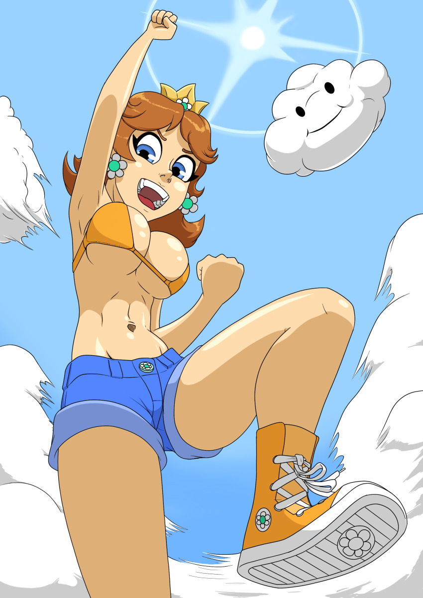 1girl, absurdres, biokinton, blue_eyes, breasts, brown_hair, cameltoe, cleavage, cloud, crown, earrings, flower_earrings, grin, hand_up, highres, jewelry, jumping, large_breasts, legs, looking_at_viewer, looking_down, mario_(series), midriff, navel, nintendo, open_mouth, princess_daisy, shiny_skin, shoes, shorts, sky, smile, sun, super_mario_land, thighs
